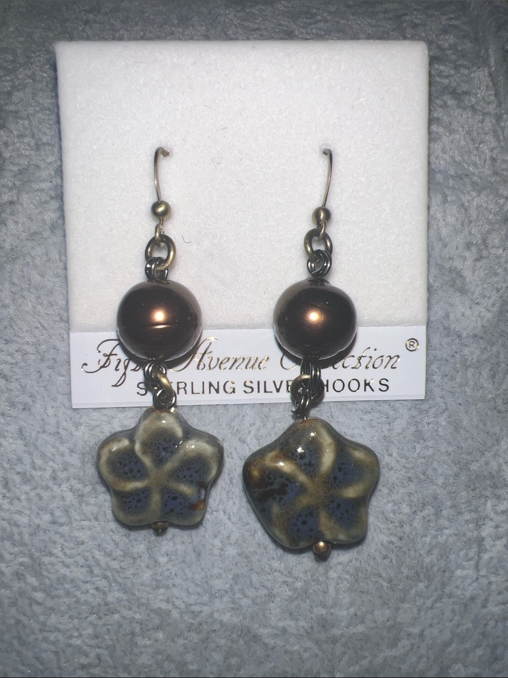 Sterling Silver Hook Drop Earrings with copper Pearls and Olive Ceramic Flowers